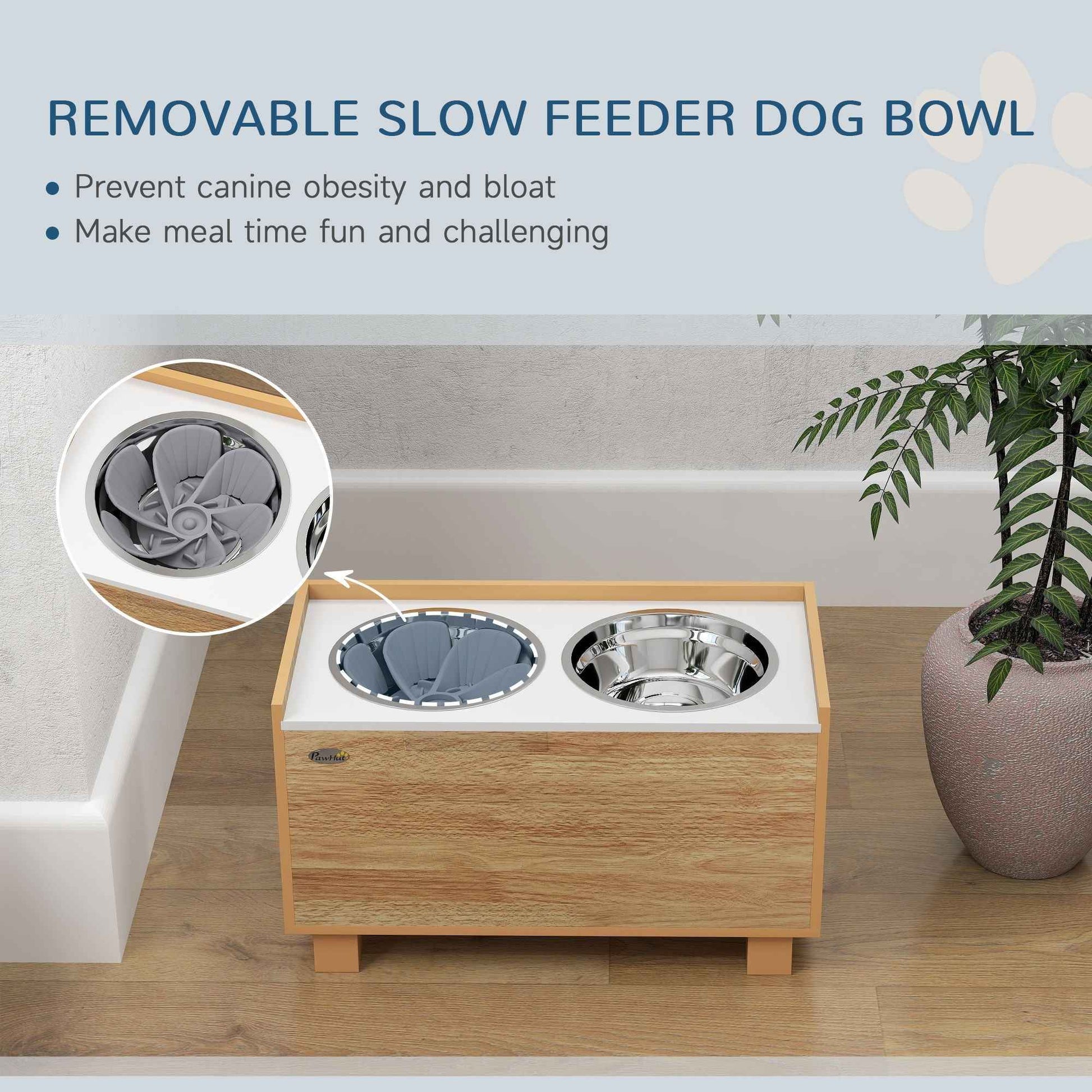 Elevated Dog Bowls with Slow Feeder Dog Bowl, Stainless Steel Food Water Bowl, Storage for Large Sized Dog, Oak