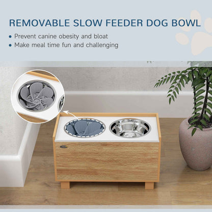 Elevated Dog Bowls with Slow Feeder Dog Bowl, Stainless Steel Food Water Bowl, Storage for Large Sized Dog, Oak