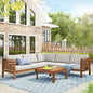 <Old SKU: FV201207AAK>Wood Structure Outdoor Sofa Set with beige Cushions Exotic design Water-resistant and UV Protected texture High quality acacia wood Strong Metal Accessories