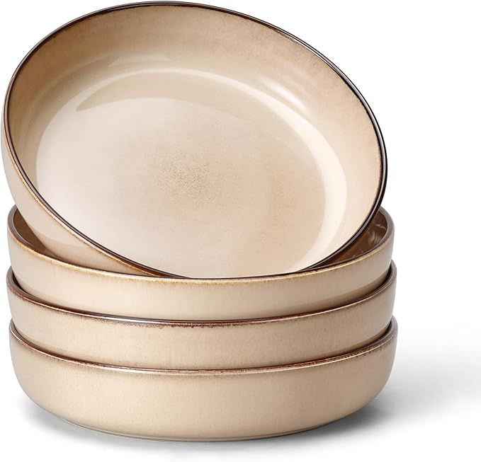 Pasta Bowls Set of 4, 35oz Large Salad Bowls for Serving, Wide and Shallow Ceramic Plates for Kitchen, Double Reactive Glaze, Microwave and Dishwasher Safe, Sandy Beige
