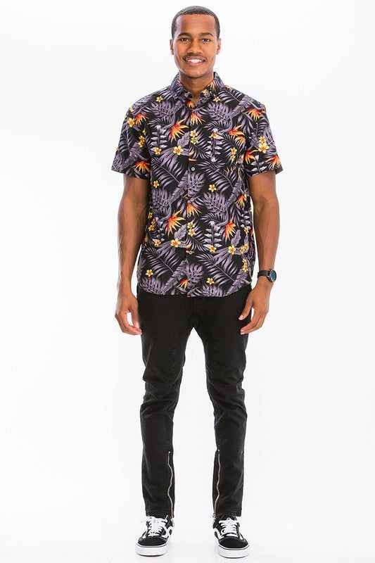 Weiv Mens Print Hawaiian Button Down Shirt