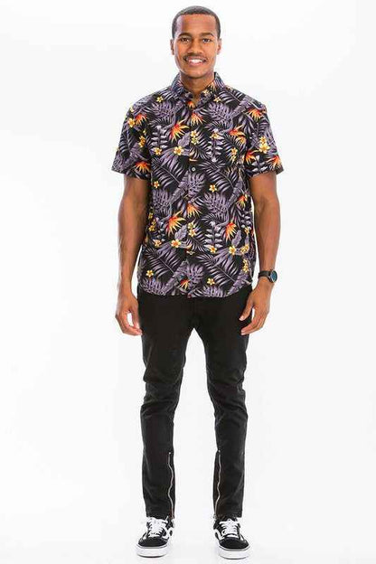 Weiv Mens Print Hawaiian Button Down Shirt